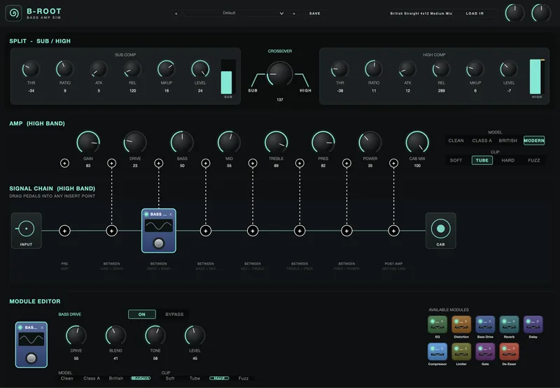 The B-Root Bass Amp Sim interface