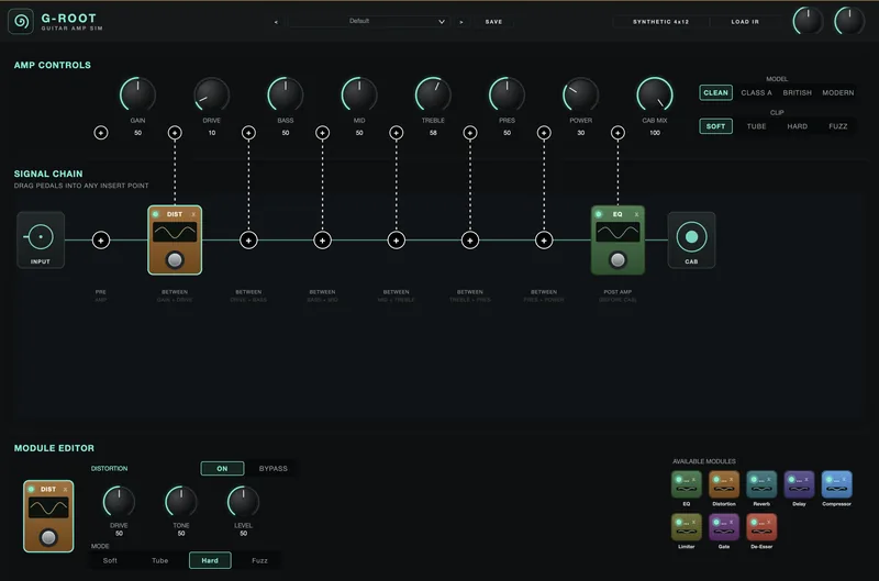The G-Root Guitar Amp Sim interface