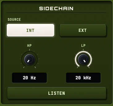 A gate's sidechain section with a high-pass and a low-pass filter on the detector, and a listen button to audition what it hears